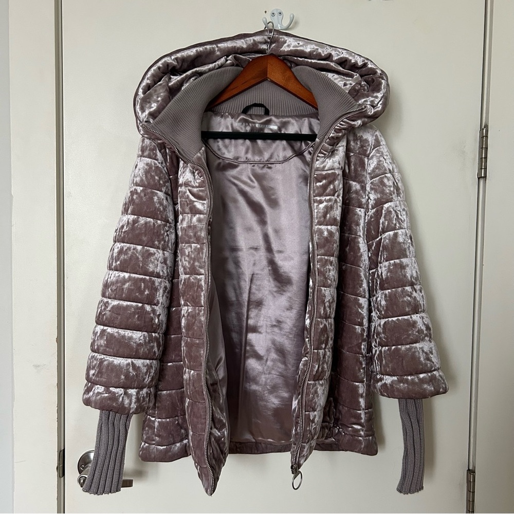 DKNY Sport hooded crushed velvet quilted zip puffer jacket in lilac purple